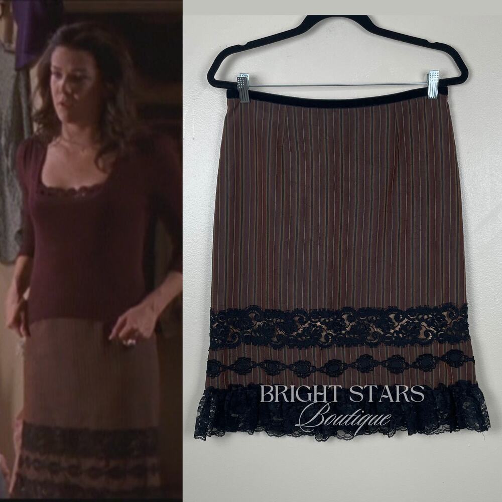 Rare Brown Stripe Lace Trim Pencil Skirt ASO Lorelai Gilmore Girls Vintage Y2K